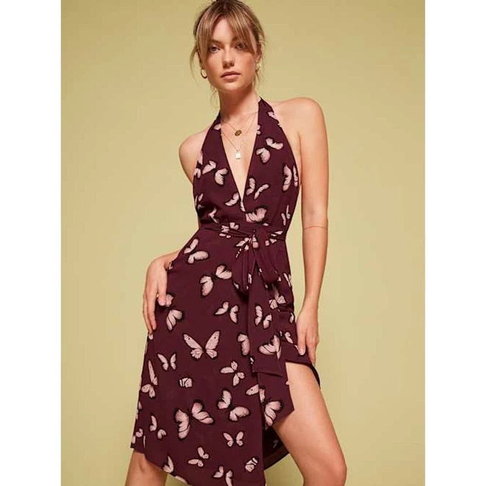 Reformation Johnson Dress Wrap Halter Tie Butterfly Large Wedding Guest Romantic - Picture 3 of 16